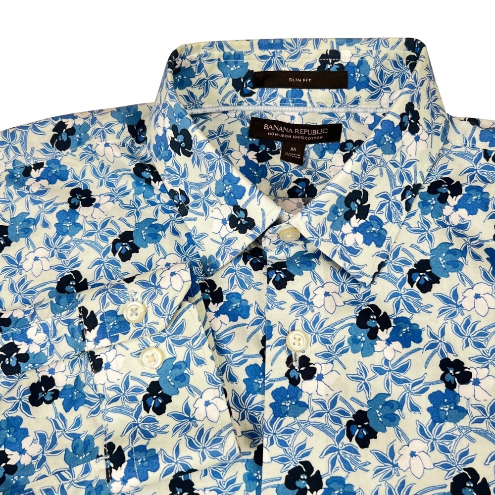 Banana Republic Mens Slim Fit Non-Iron Cotton Floral Button Down Shirt Blue M